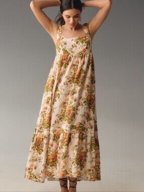 Anthropologie Sleeveless Square Neck Maxi Dress Floral Romance Whimsical Prairie